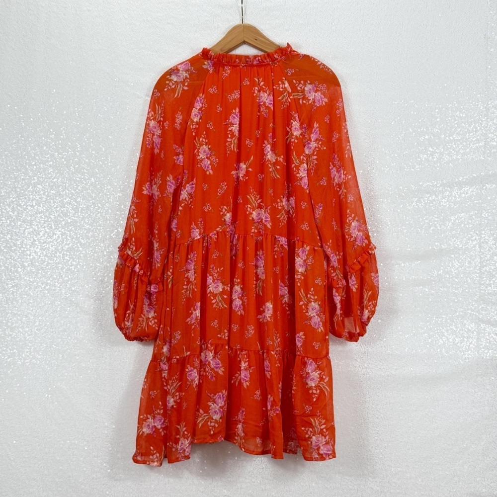 Floral Orange V-Neck Feminine Long Sleeve Midi Dress Wedding Guest Large - Picture 3 of 15